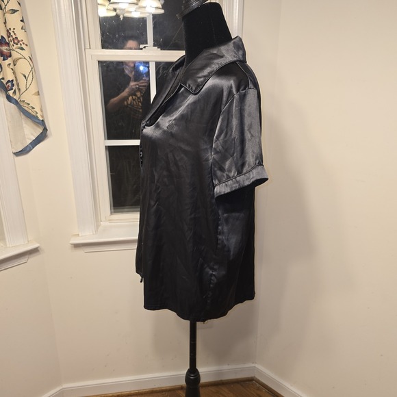 Born Black Satin Pajama Top Short Sleeve Collared Button Down Sleep Shirt L - Picture 2 of 6